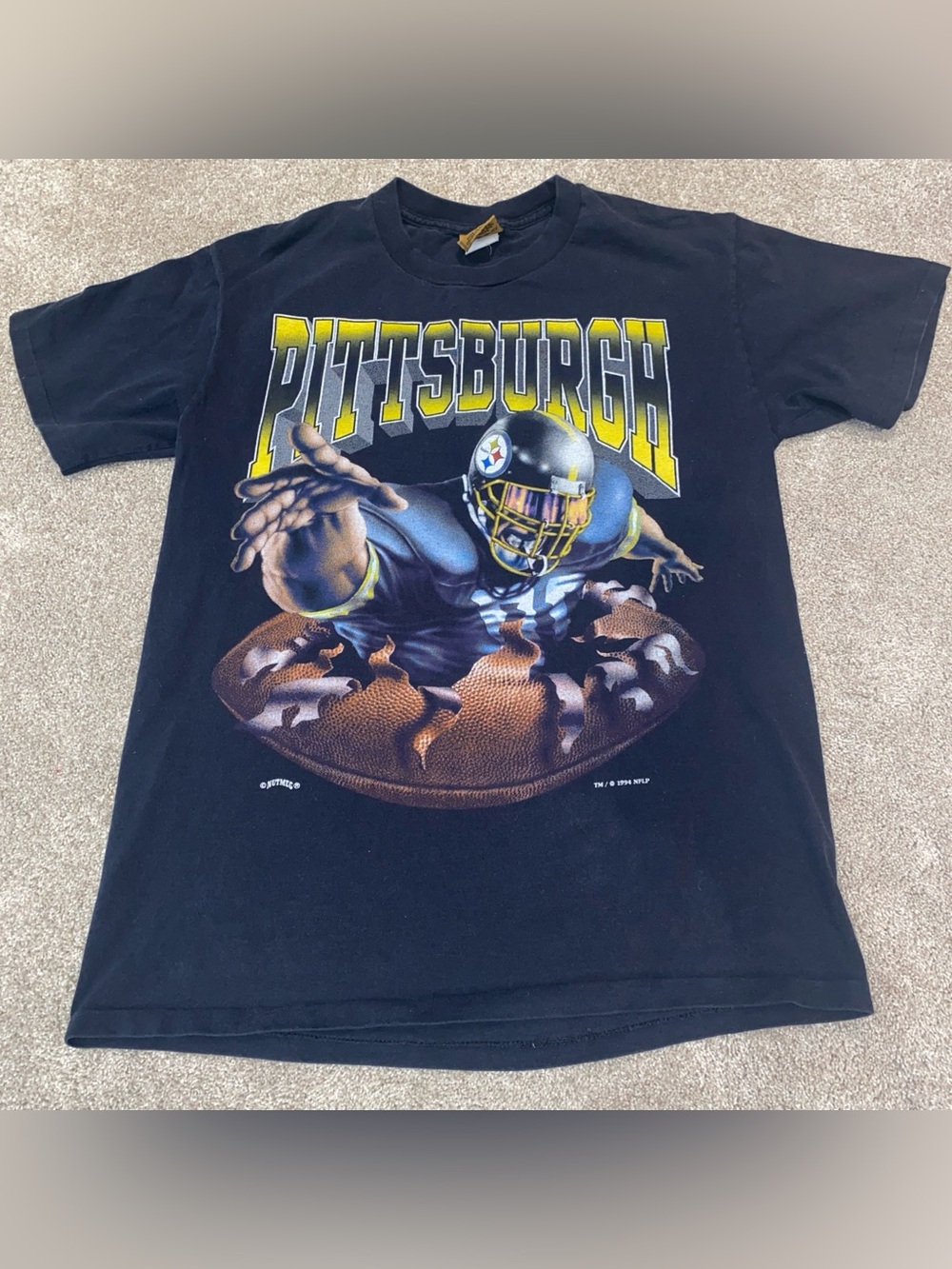 Vintage 94 Pittsburg Steelers Nutmeg Mills Black Double Sided T Shirt Size M USA